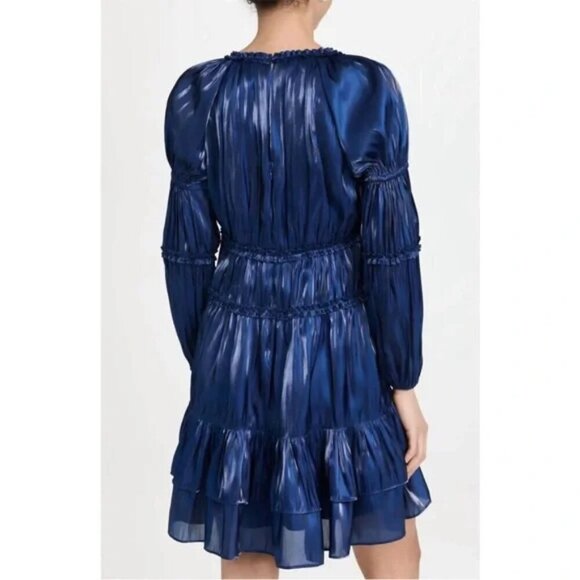 CINQ À SEPT 'Tammy' Tiered Ruffle-Trim Lamé Mini-Dress, Eclipse Blue - Picture 3 of 3